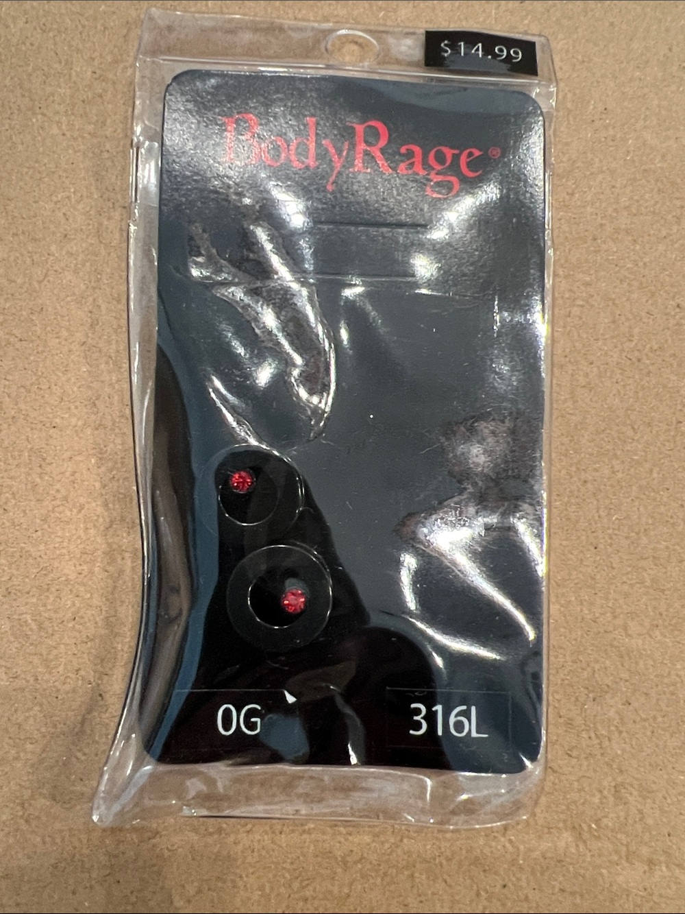 BodyRage Black 0G Stainless Steel Ear Tunnels with Red Accent